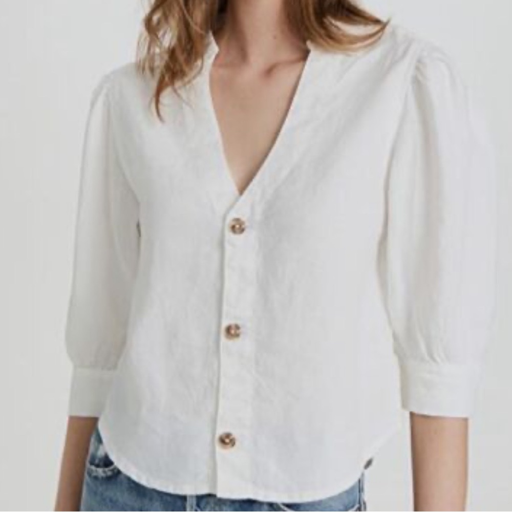 DL 1961 Candice Linen Puffed-Sleeve Button-Front Top, XS